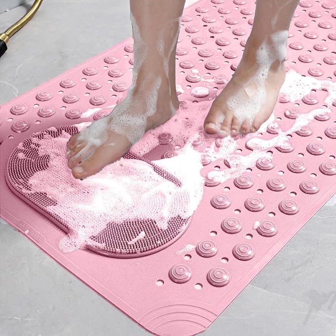 Bath Tub Shower Mat, 27x14 inch Non Slip Bathtub Mat with Suction Cups, Anti Slip Shower Mat with Drain Holes Suction Cups,Shower Foot Scrubber Mat Foot Massage BathMat (Pink)