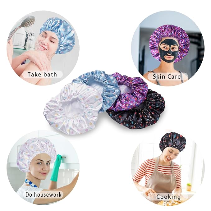 Shower Caps for Women, 4 PCS Elastic and Reusable Bath Caps, Double Layers Shower Cap Reusable Waterproof, Bathing Shower Caps, Environmental Bath Hair Protection Cap - Polka Dots