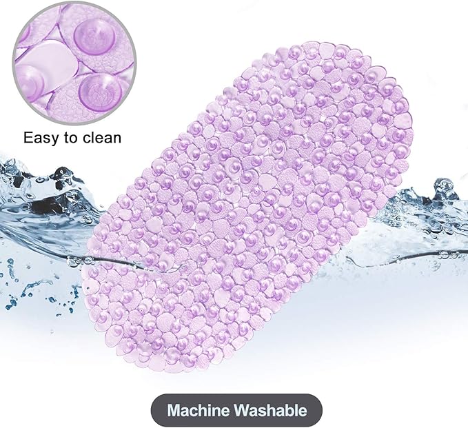 WELTRXE Pebbles Bath Mat Oval Non-Slip Bathtub Mat with Suction Cups, Drain Holes for Bathroom Showers, Tub, Machine Washable, BPA, Latex Free Safe Shower Mats, 27 x 14 Inch, Purple