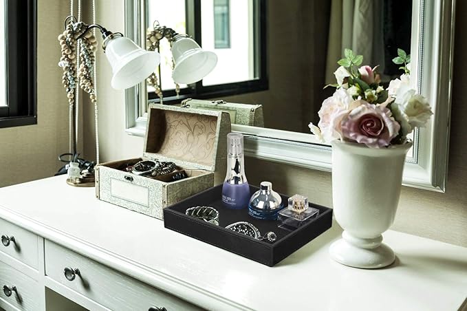 HofferRuffer Faux Leather Vanity Tray, Elegant Desktop Storage Organizer, Decorative Catchall for Perfume, Bathroom Valet, Nightstand or Dresser, Black, 10.2 x 8.4 x 1.8 Inches