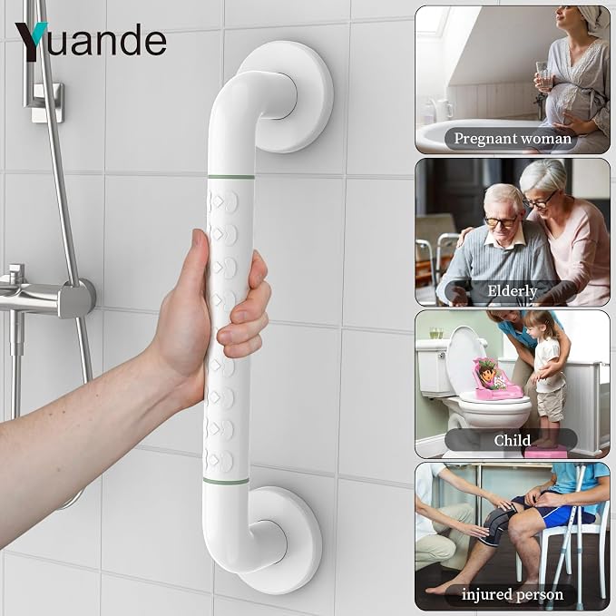 Grab Bars for Shower 14", YuanDe White Bath Grab Bar with Anti-Slip Grip and Safety Luminous Circles, Stainless Steel Bathroom Safety Handrail Support, Safety Bar Handle for Disabled Elderly Pregnant