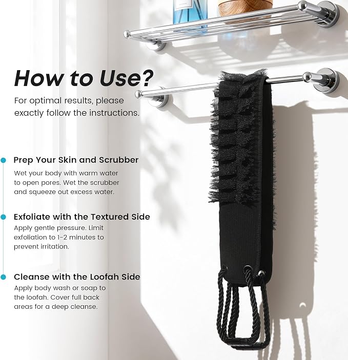 eaxun Back Scrubber with Handles for Shower, 40 Inches Dual-Sided Back Washer with Exfoliating Texture and Loofah for Men, Women and Elderly, Bath Back Exfoliator Body Cleaner for Deep Cleansing
