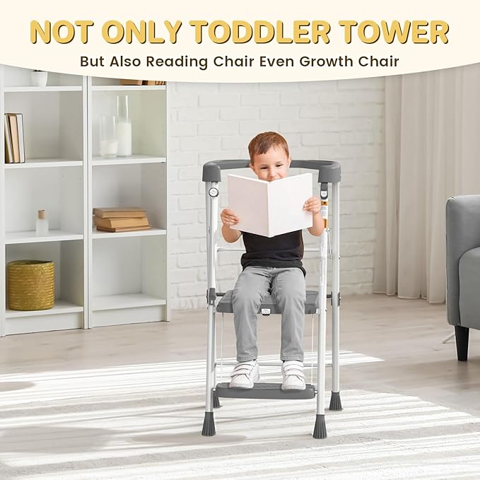 HBTower Kids 2 Steps Step Stool, Toddler Tower with Anti-Drop Safty Railing, Toddler Kitchen Stool Helper for Kitchen Counter Learning Kids Standing Folding Stepper