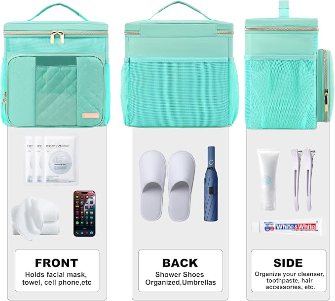 Portable Shower Caddy College Dorm Essentials(Full Size Bottle Compatible), Toiletry Bag for Women Men, Hanging Makeup Organizer Bag for Travel,Gym & Camping, Mint Green