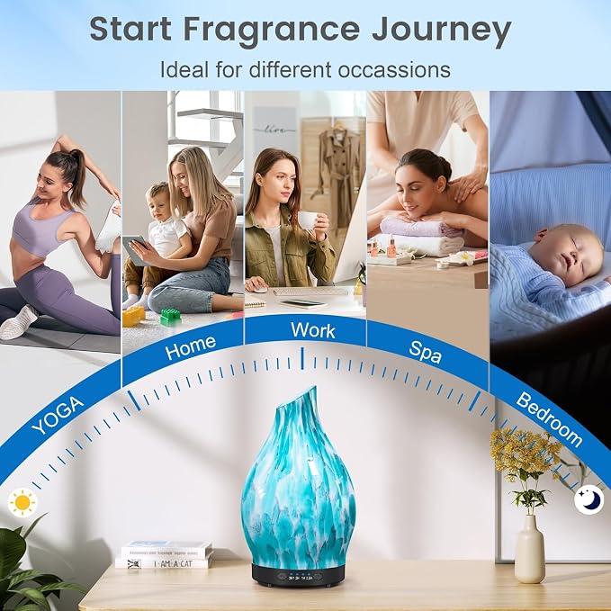 Essential Oil Diffuser, 120ML Glass Aromatherapy Diffuser with Auto Shut-Off and 7 Color LED Lights, Ultrasonic Mist Humidifier with 4 Timer for Home Office Bedroom (Blue Mountain)