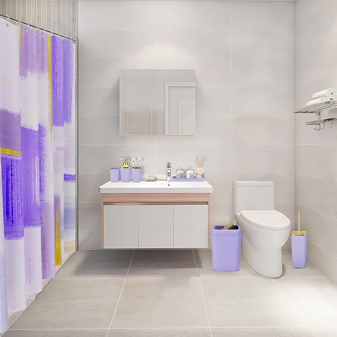XLHOMO Purple Bathroom Accessories Set, Bathroom Sets with Shower Curtain, Purple Bathroom Accessories with Trash Can, Soap Dispenser, Soap Dish, Toilet Brush Holder, Qtip Holders for Bathroom