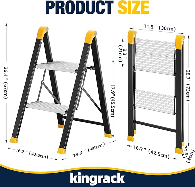 KINGRACK Aluminum Step Ladder, 2 Step Ladder Folding Design, Step Stool Foldable with Safe Grip, Non-Slip Handrails, Safety Lock, Heavy Duty 330LBS for Home, Kitchen, Garage, RV, Black