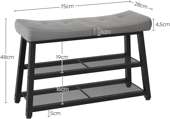 YATINEY Shoe Bench, 3-Tier Shoe Rack, Entryway Bench with Storage and Cushion, for Hallway, Foyer, Bedroom, Gray and Black HX02BG