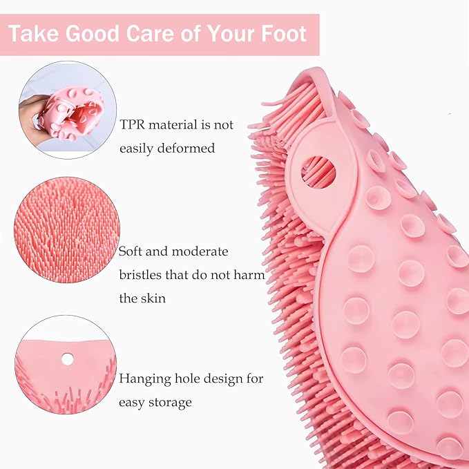 Shower Foot and Back Scrubber Mat,Wall Mounted Shower Foot Scrubber with Suction Cups,Exfoliating Silicone Massage Foot Cleaner for Shower(Grey&Pink)