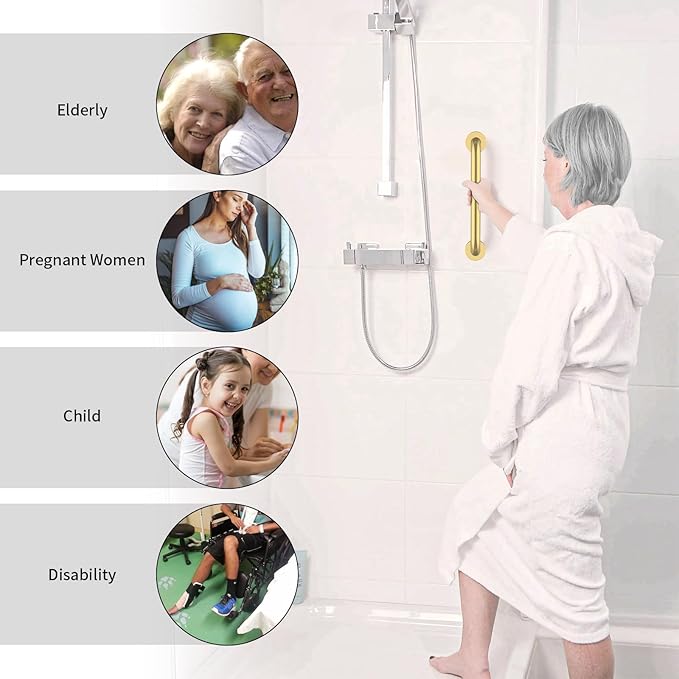 12 Inch Stainless Steel Shower Grab Bar, ZUEXT Gold Shower Handle, Bathroom Balance Bar, Safety Hand Rail Support Bar for Handicap Elderly Injury, Senior Assist Bath Tub Wall Concealed Mount Handle