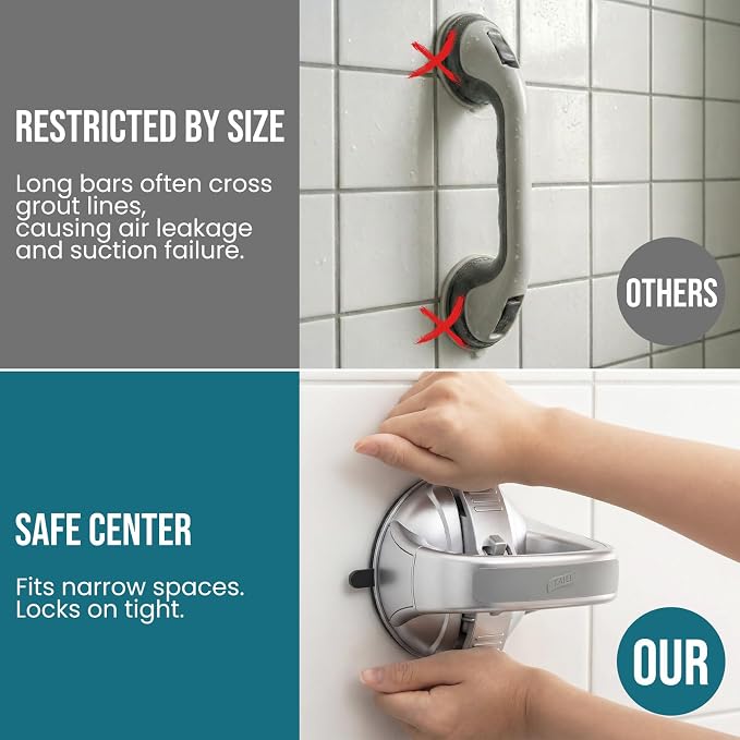 TAILI Grab Bars for Bathtubs and Showers,2 Pack Shower Handles for Elderly Suction,Shower Bar with Upgraded Rubber Suction Cups,Safety Grip for Senior, No Drilling Removable Waterproof, Silver