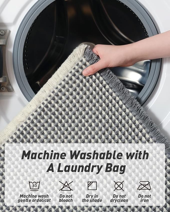 Upgraded Waffle Bath Mat, Super Absorbent Non Slip Bath Mats for Bathroom Floor, Machine Washable Bathroom Rugs with Tassels, Rubber Backed Bathroom Mats, Ultra Soft, 24" x 36",DarkGrey & Cream