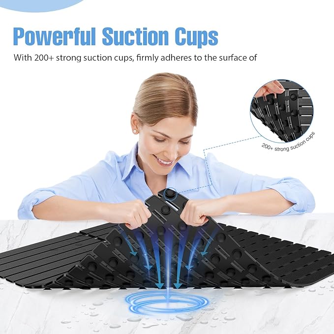 Shower Mat Non-Slip Bath Mat for Tub and Shower Stall,236 Suction Cups with Drain Holes, Quick Dry Machine Washable, Extra Grip for Stand Up Showers, Bathroom Essentials 24x24 Inch(Black)