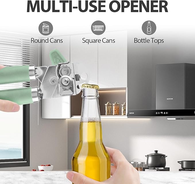 Safring Can Opener Manual, Heavy Duty Handheld Strong Can Opener with Soft Touch Handle, Sharp Blade Smooth Edge, Can Openers with Multifunctional Bottle Opener, Mint