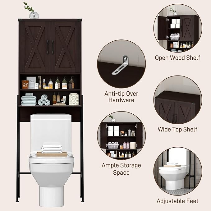 Vabches Over The Toilet Storage Cabinet, Farmhouse Over Toilet Storage Cabinet, Metal Frame with Barn Doors, Home Space-Saving Toilet Rack for Bathroom, Toilet, Laundry Room