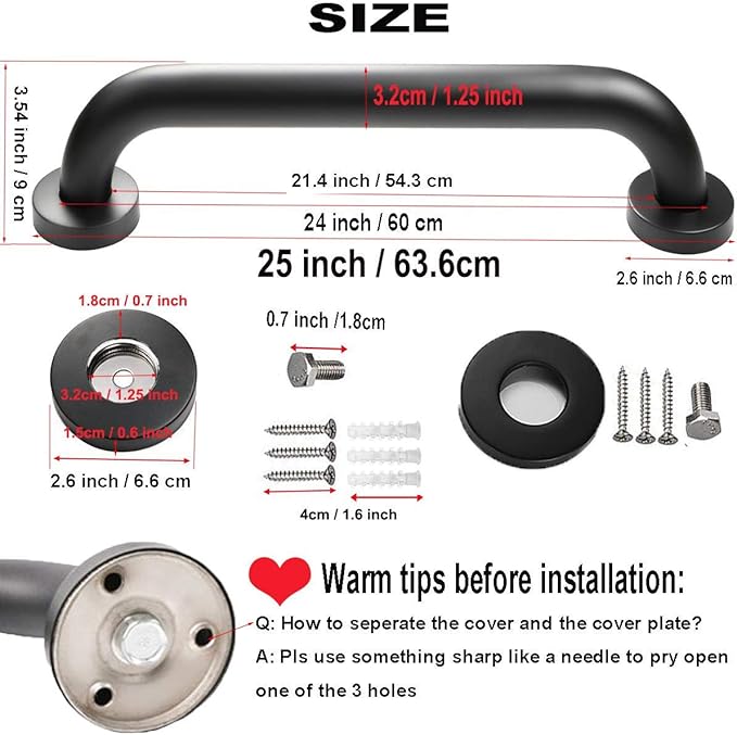 2 Pack 24 Inch Black Shower Grab Bar, iMomwee Stainless Steel Bathroom Grab Bar Handle, Bathroom Shower Balance Bar,Safety Hand Rail Support,Handicap Elderly Senior Assist Bath Handle(1.25" Diameter)