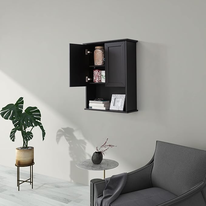 VANIRROR Black Bathroom Wall Cabinet 23x29 inch Wooden Bathroom Medicine Cabinet with 2 Doors and Adjustable Shelf, Wall Mounted Cabinet Over Toilet Storage Cabinet | 2 Doors