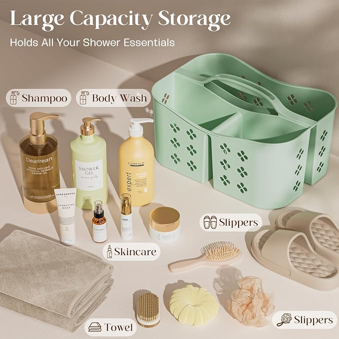 PQH Portable Shower Caddy with Handle, Large Capacity Shower Basket Organizer, Quick-Drain Bathroom Storage Tote, Durable Plastic Shower Organizer for College Dorm, Beach, Gym Essentials, MintGreen