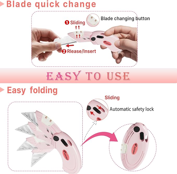 Box Opener with 10 Extra Blades,Mini Box Cutter with Button Lock Mechanism,Razor Blades Utility Knife for Opening Daily Express Boxes, Packages, Envelopes,Paper tapes,Pink,4 Pcs.