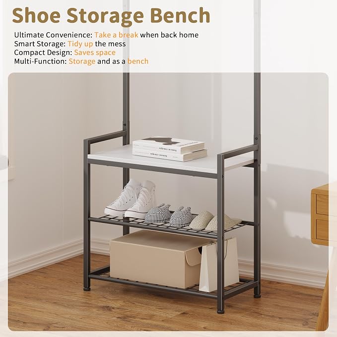 Hall Tree with Shoe Storage Bench - Entryway Bench with Coat Rack and Hooks - 3-in-1 Small Hall Tree for Entry Way, Entrance, Hallway, Doorway, Front Door, Mudroom, Small Space - Rustic Brown