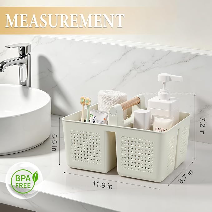 JiatuA Shower Caddy Basket Portable Caddy Organizer with Handle Cleaning Supplies Caddy Plastic Tool Storage for Bathroom Kitchen College Dorm Bedroom, Beige