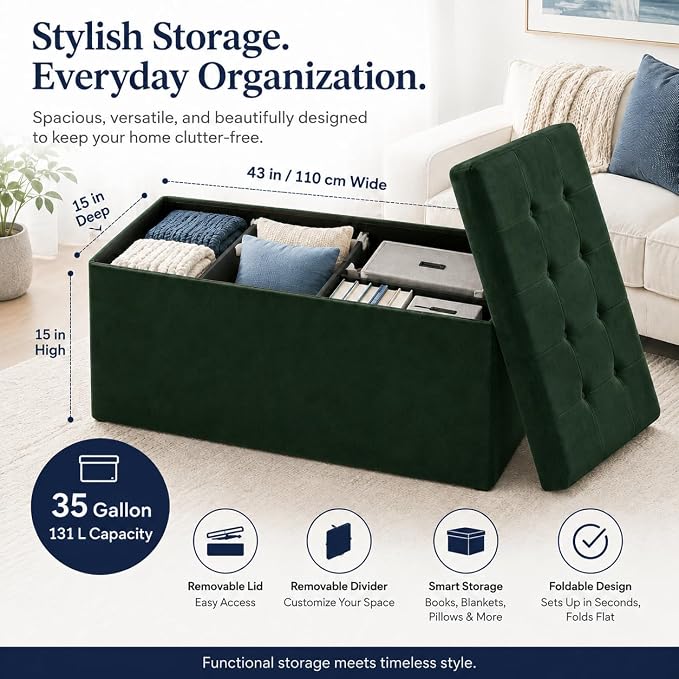 ALASDO 43 Inch Folding Storage Ottoman Bench with Hidden Storage, Velvet Storage Ottoman Foot Rest Stool, End of Bed Bench for Bedroom, Living Room, Entryway and Closet, Dark Green