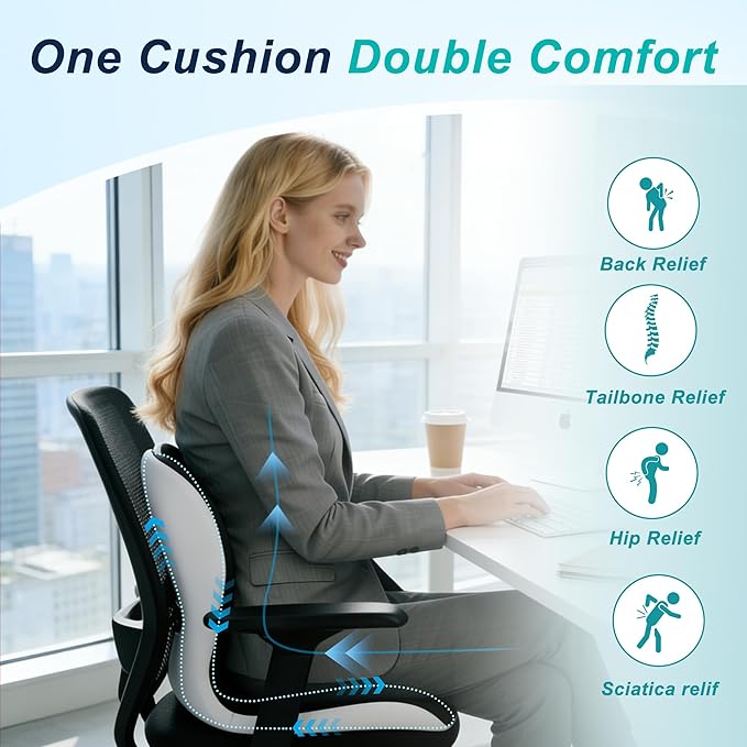 Seat Cushion for Office Chair and Car, Lumbar Support Pillow for Office Chair, Memory Foam Ergonomic Seat Cushion for Long Sitting, Back & Tailbone Pain, Sciatica - Dark Gray & Light Gray