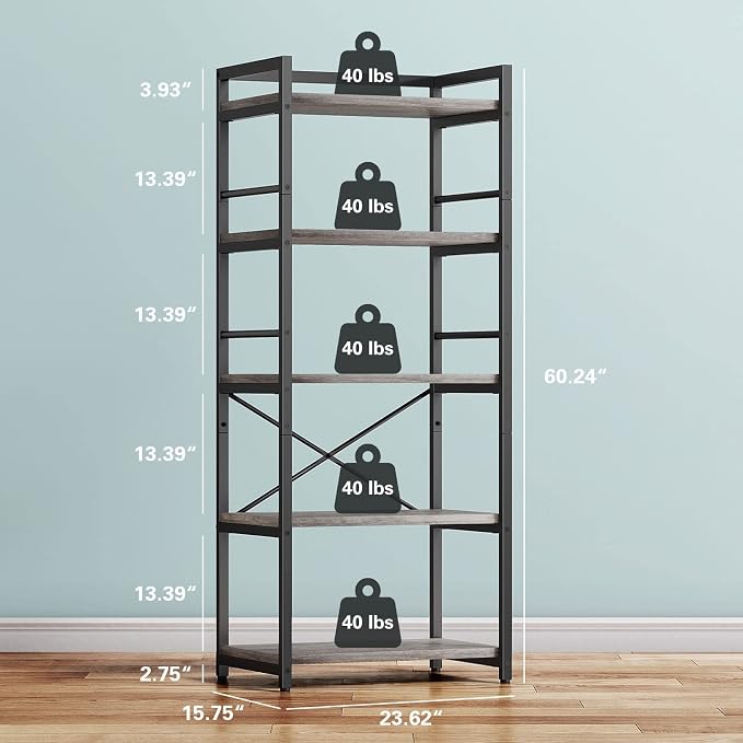 Denkee 5-Tier Bakers Rack for Kitchen with Storage, Industrial Microwave Stand Shelf, Coffee Bar for Small Spaces, Free Standing Kitchen Storage Shelf Rack, 23.62" L x 15.75" W x 60.24" H, Grey