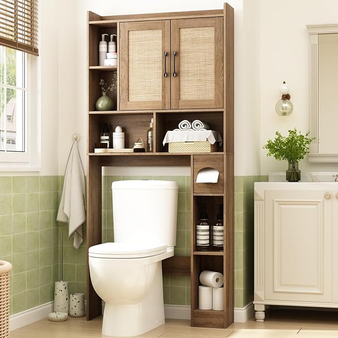 RUSTOWN Rattan Over The Toilet Storage Cabinet,Boho Over Toilet Bathroom Organizer with 2 Doors & Adjustable Shelves,Modern Above Toilet Rack with Toilet Paper Holder for Bathroom (Rustic Oak)