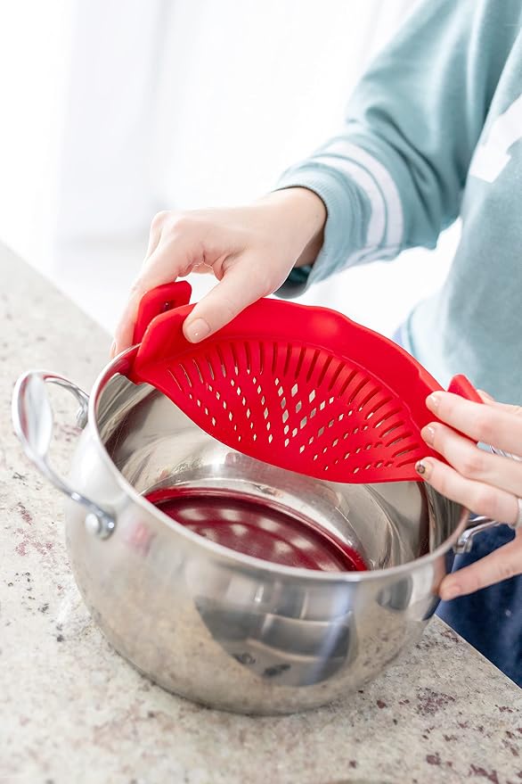 Arlig Clip On Pasta Strainer Silicone Universal Fit for all Pots and Bowls Snap On Drainer for Meat, Vegetables, Fruit Colander for Kitchen Easily Drain Food Space Saving