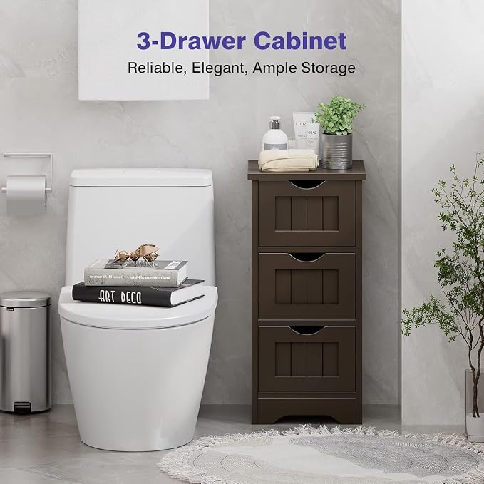 Floor Cabinet, Small Bathroom Storage Cabinet with 3 Removable Drawers & Anti-Toppling Device, Wooden Storage Cabinet for Bathroom Home Office Living Room Bedroom(Brown)