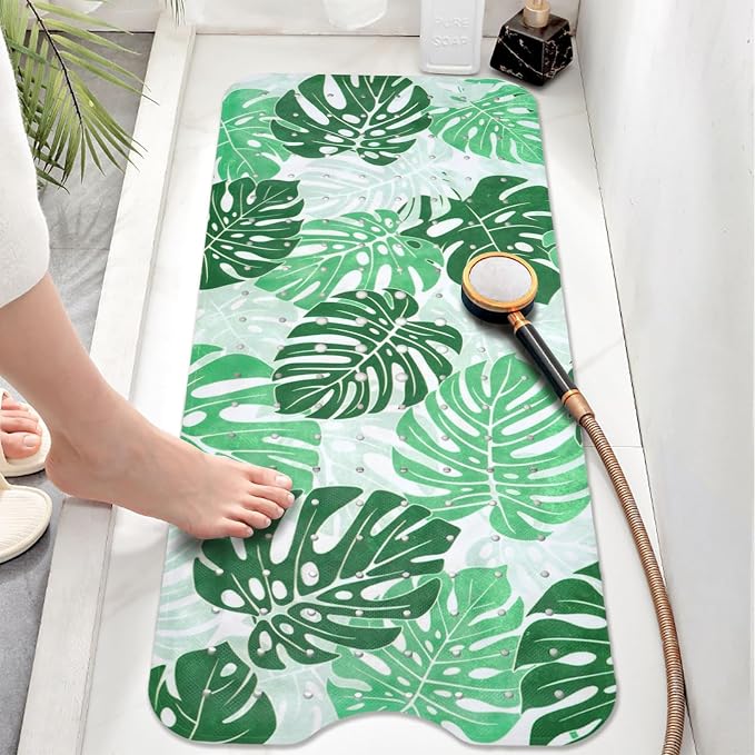 Tropical Leaves Bathtub Mat Non Slip, Boho Bath Tub Mat Baby Bath Mats for Bathroom Anti Slip Shower Mats for Inside Shower, Green Plants Bathmat with Suction and Drain Holes Machine Washable, 40″x16″