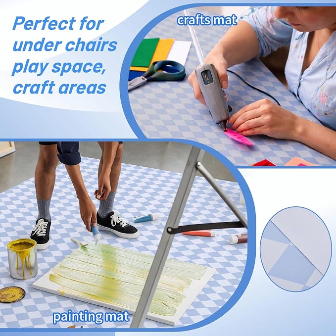 Drydiet 55x55 Inch Extra Large Craft & Painting Floor Mat - Waterproof Non-Slip PVC Art Rug, Floor Protector for Easel Painting Pottery Messy Projects, Washable Roll-up Spill Mat(Light Blue, Argyle)