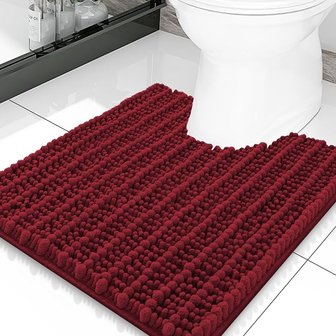 Smiry Bathroom Toilet Rugs U Shaped 20x20, Extra Soft Absorbent Non Slip Rubber Backing Chenille Contour Bath Rugs for Toilet, Machine Washable Contoured Bath Mats, Red
