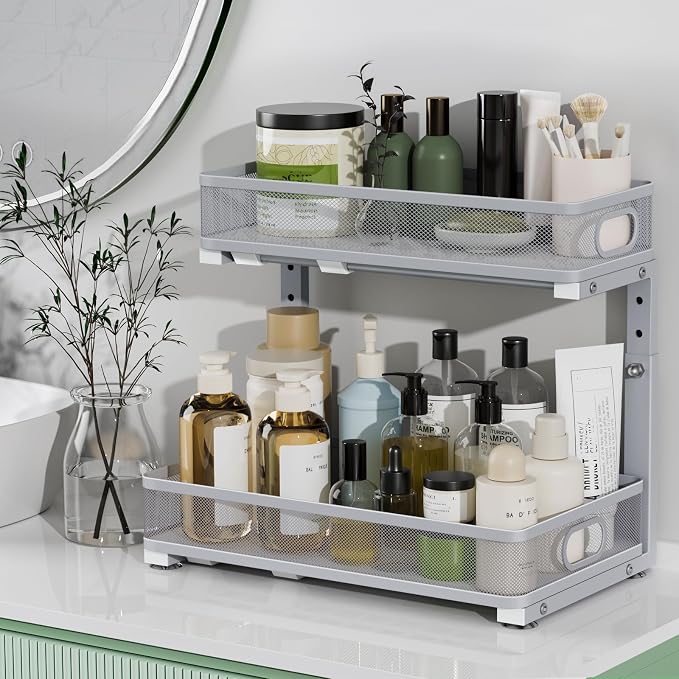 Under Sink Organizer 2 Pack, High Adjustable 2 Tier Under Sink Organizers and Storage, Slide out Metal Cabinet Organizers, Pull out Storage Drawer Shelf for Kitchen Bathroom Cabinet