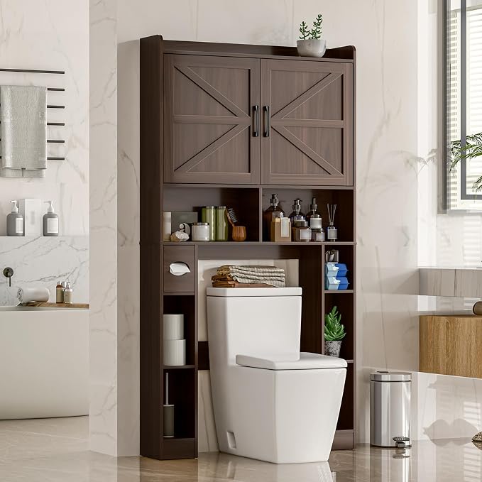 Over The Toilet Storage Cabinet, Farmhouse Toilet Cabinet Rack with Barn Doors, Space Saving Bathroom Organizer with Shelves, Toilet Paper Holder and Towel Rack for Bathroom,Restroom,Laundry,Espresso