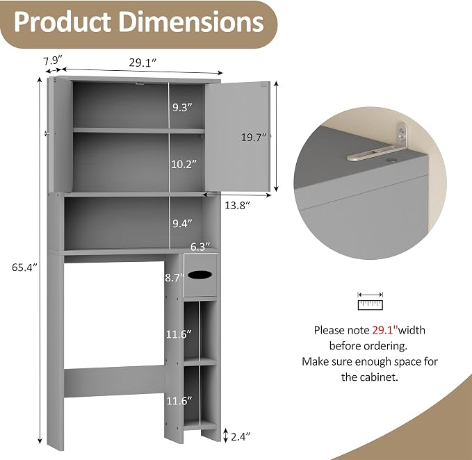 Farmhouse Storage Cabinet Over Toilet with Toilet Paper Holder Stand, Freestanding Bathroom Storage Organizer Cabinet, Grey