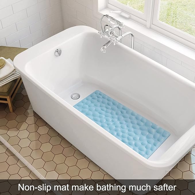 Non-Slip Bathtub Mat OTHWAY Soft Rubber Bathroom Bathmat with Strong Suction Cups (Lake Blue, 16x31.5 inch)