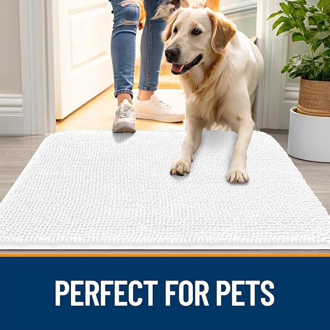 OLANLY Dog Door Mat for Muddy Paws 70x32, Absorbs Moisture and Dirt, Absorbent Non-Slip Washable Doormat, Quick Dry Chenille Mud Mat for Dogs, Entry Indoor Entryway Carpet for Inside Floor, White