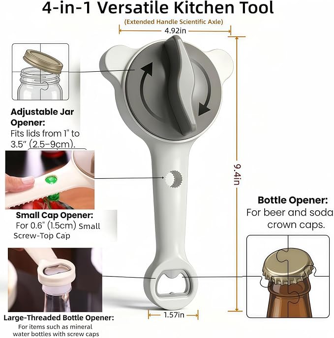 4-in-1 Multifunctional Can Opener & Jar Opener for Seniors - Non-Slip Bottle Opener with Adjustable Stainless Steel Lid Remover, Effortless Opening for Weak Hands, Compact Design for Kitchen (Green)