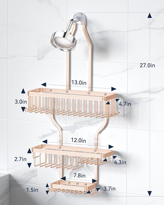 YASONIC Never Rust Shower Caddy Hanging, Aluminum Shower Racks for Inside Shower, 3-Tier Shower Organizer Hanging Over Shower Head with Hooks and Soap Holder, Rose Gold