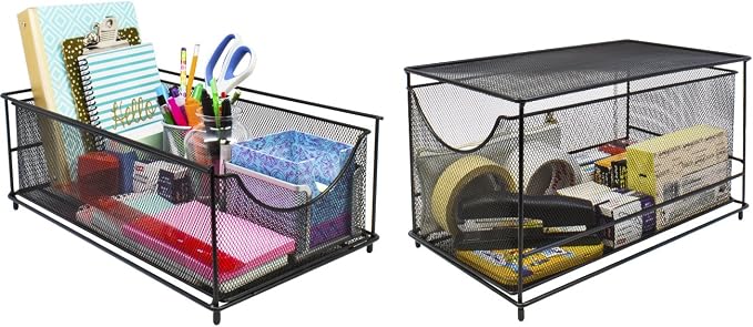 Sorbus® Cabinet Organizer Set — Mesh Storage Organizer with Pull Out Drawers—Ideal for Countertop, Cabinet, Pantry, Under The Sink, Desktop and More (Black Two-Piece Set)