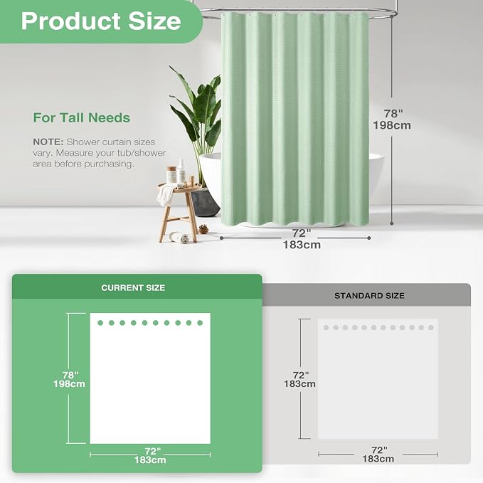 Dynamene Long Fabric Shower Curtain - 78 inch Long Waffle Weave Weighted Cloth Shower Curtains for Bathroom, Neutral Heavy Duty Hotel Spa Luxury Bath Curtain Set with 12 Hooks, 72x78, Mint Green