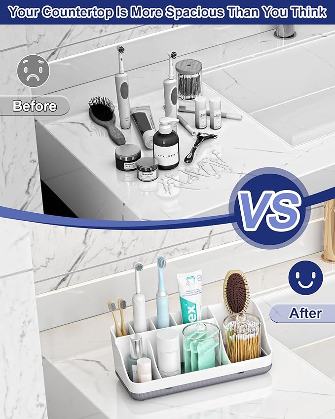 Bathroom Counter Organizer and Storage with 2 Pack Qtip Holder Dispenser, 7 Slots Detachable Toothbrush Holders for Bathrooms, Anti-Slip Electric Toothbrush and Toothpaste Holder Countertop