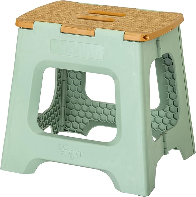 Vigar Compact Folding Step Stool - 12-1/2 Inch Foldable Step Stool for Adults, Lightweight Portable Stool with Handle, Non Slip Step Stool, Space-Saving Stool up to 330 lb- Green, Bamboo Print Top