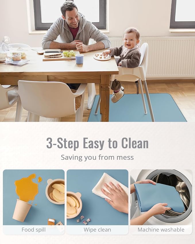 Blissful Diary Baby Splat Mat for Under High Chair, 50.4 x 50.4 Inch Wipeable Splash Mat, Waterproof and Washable, Anti-Slip Floor Protector, Slate Blue
