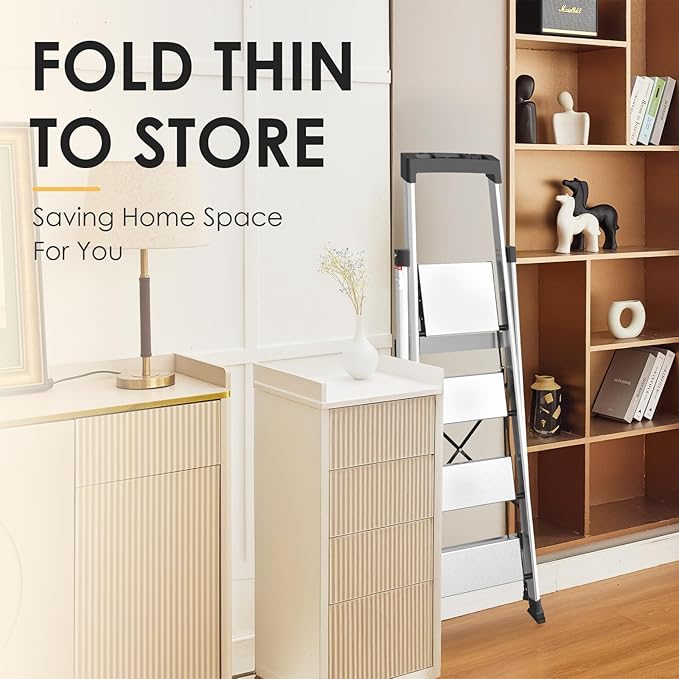 HBtower 4 Step Ladder, Lightweight Aluminum Ladders for Home with Tool Tray, Anti-Slip Folding Step Stool for Adults, Strudy Portable 330LBS Capacity