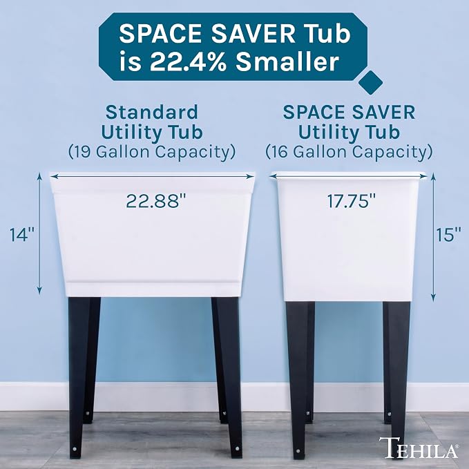 White Space Saver Utility Sink by JS Jackson Supplies, Freestanding Tehila Space Saving Laundry Tub, Black Pull-Down Faucet, Soap Dispenser