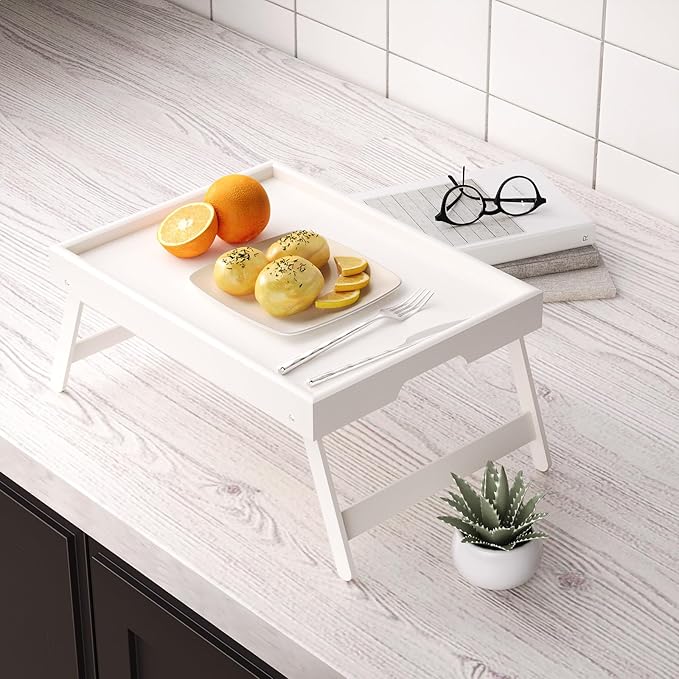 Fibogollo 2 Pack Bamboo Bed Tray Table with Folding Legs,Breakfast Trays,Serving Tray for Food and Snack,Laptop Trays for Working(White)