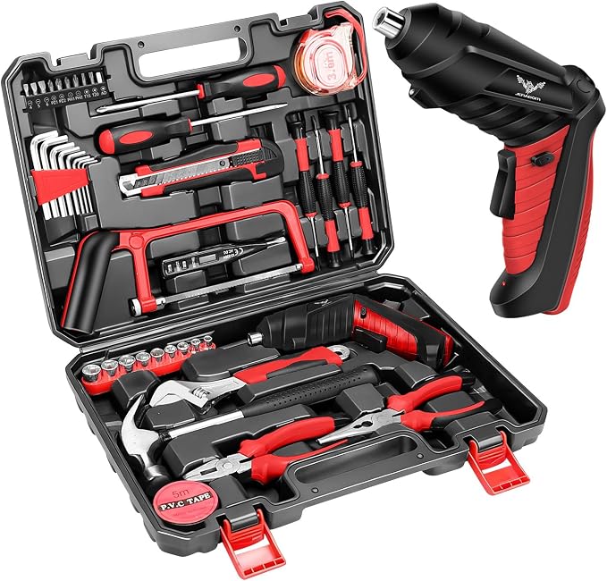 Tool Set, 43 Piece Home Tool Kit for Home with 3.6V Cordless Rechargeable Screwdriver,Basic Household Tool Kit Set for Apartment, College Dorm & DIY Projects
